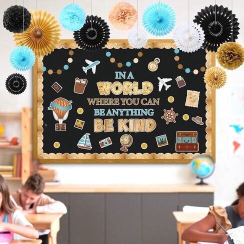 PasiMy 3D Travel Bulletin Board Set Adventure Explore Device Planchroom Decor مع Pompoms Paper Fans Fans Inspirational Cliter Map Cutout for Back to School Window Door Door Supplies (Popular) in Saudi Arabia
