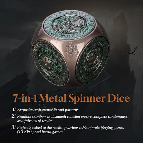 DND Spinner Dice, Unique Metal 7 in 1 D&D Cube Fidget Dice with 3D Relief for Dungeons and Dragon, Fantasy Role Playing Game Tabletop RPG Accessories Gift for DM & Player (Copper-Blue) in Kuwait