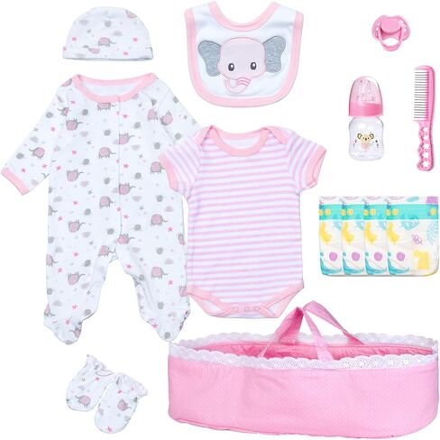 PEDOLLTREE 13 PCS Reborn Baby Doll Clothes Accessories Girl Accessories Outfit Pink Bassinet Set for 17-22 Inch Reborn Dolls,Newborn Baby Girl Doll Clothes & Blanket in Saudi Arabia