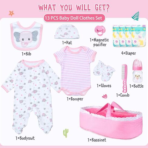 PEDOLLTREE 13 PCS Reborn Baby Doll Clothes Accessories Girl Accessories Outfit Pink Bassinet Set for 17-22 Inch Reborn Dolls,Newborn Baby Girl Doll Clothes & Blanket in Saudi Arabia
