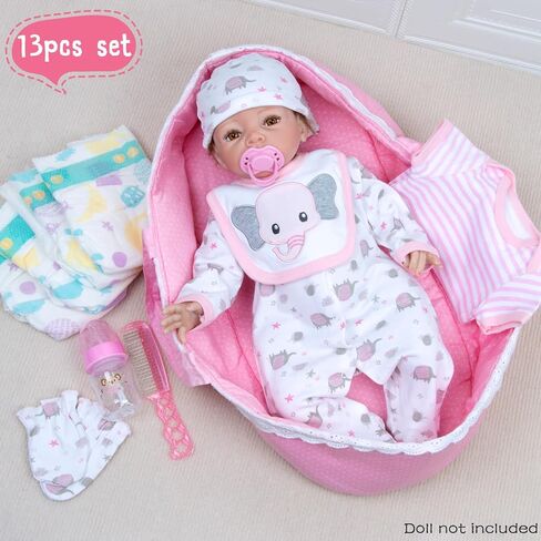 PEDOLLTREE 13 PCS Reborn Baby Doll Clothes Accessories Girl Accessories Outfit Pink Bassinet Set for 17-22 Inch Reborn Dolls,Newborn Baby Girl Doll Clothes & Blanket in Saudi Arabia