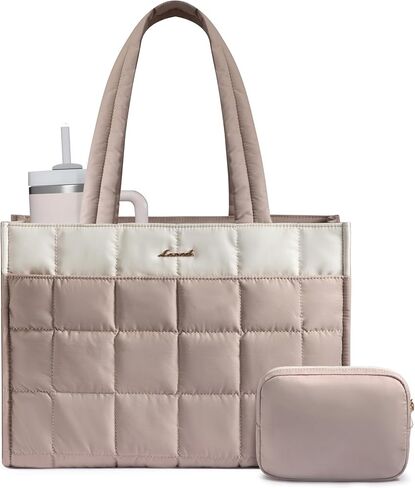 LOVEVOOK Tote Bag for Women, Puffer Work Handbag 15.6 Inch Laptop Purse for Nurse Teacher, Large Quilted Travel Tote Shoulder Bag with Zipper for College Office Clinical Gym,‌ Cream-Blush in Saudi Arabia