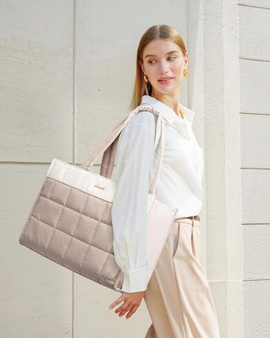 LOVEVOOK Tote Bag for Women, Puffer Work Handbag 15.6 Inch Laptop Purse for Nurse Teacher, Large Quilted Travel Tote Shoulder Bag with Zipper for College Office Clinical Gym,‌ Cream-Blush in Saudi Arabia