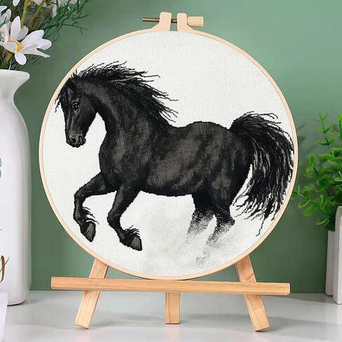 DIY Cross Stitch Kits رائعتين حصان أسود سهلة للمبتدئين مع Hoop 11ct Needlepoint Embroidery مختومة Cross Cross Stitch Set Craft Wall Decor 20x20cm-8 in Saudi Arabia