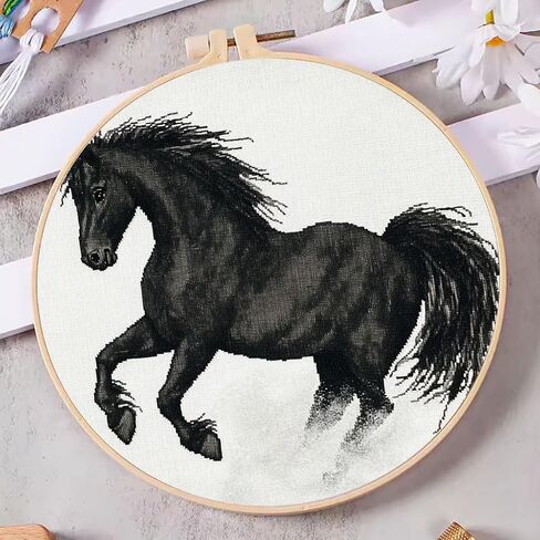 DIY Cross Stitch Kits رائعتين حصان أسود سهلة للمبتدئين مع Hoop 11ct Needlepoint Embroidery مختومة Cross Cross Stitch Set Craft Wall Decor 20x20cm-8 in Saudi Arabia