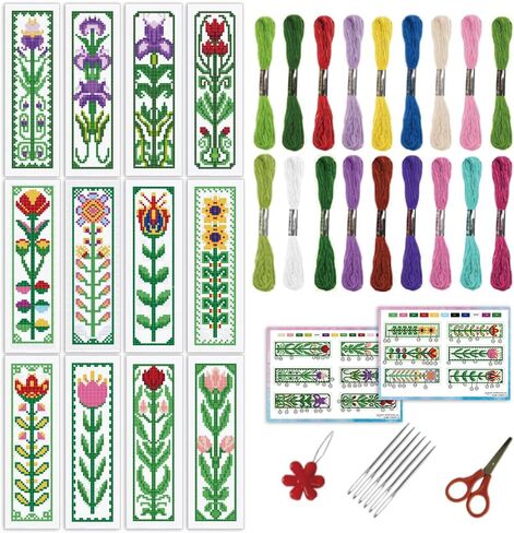 infunly 12pcs/مجموعة مرجعية زهرة خضراء مرجعية غرزة مجموعة Tulip Rose DIY مختومة تطريز الإشارة المرجعية مرجعية للتطريز النباتي الحرز in Saudi Arabia