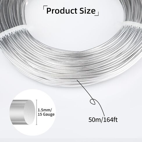 15 Gauge Aluminum Wire, 164FT Anodized Aluminum Wire for Sculpting, Beading Making Bendable Metal Wire for Jewelry Making Crafts Wreath Making Beading Floral(1.5mm,Silver) in Saudi Arabia