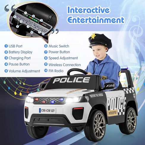 ركوب سيارة Costzon Police On ، بطارية 12 فولت بطارية سيارات COP مع التحكم عن بعد ، مصابيح وميض LED ، الموسيقى ، قرن ، صفارات الإنذار ، تعليق الربيع ، السيارات الكهربائية للأطفال الذين تتراوح أعمارهم بين 3-8 (أسود داكن) in Saudi Arabia