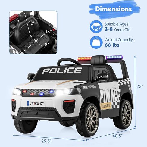 ركوب سيارة Costzon Police On ، بطارية 12 فولت بطارية سيارات COP مع التحكم عن بعد ، مصابيح وميض LED ، الموسيقى ، قرن ، صفارات الإنذار ، تعليق الربيع ، السيارات الكهربائية للأطفال الذين تتراوح أعمارهم بين 3-8 (أسود داكن) in Saudi Arabia