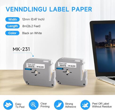 متوافق مع شريط Maker Label Maker Maker M-K231 MK231 M231 M ، 12 مم 0.47 "، ل PT-M95 PT-85 PT-90 PT-70BM PT-65 PRINTER in Kuwait