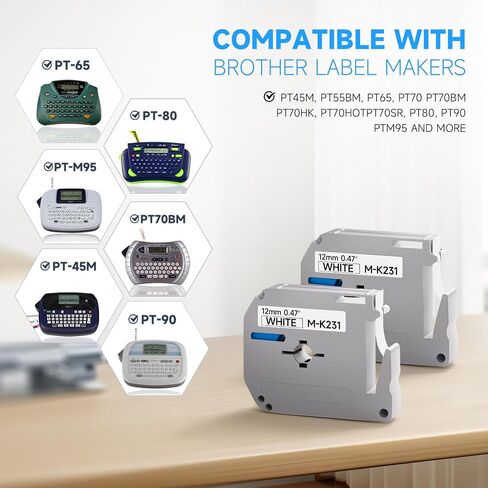 متوافق مع شريط Maker Label Maker Maker M-K231 MK231 M231 M ، 12 مم 0.47 "، ل PT-M95 PT-85 PT-90 PT-70BM PT-65 PRINTER in Kuwait