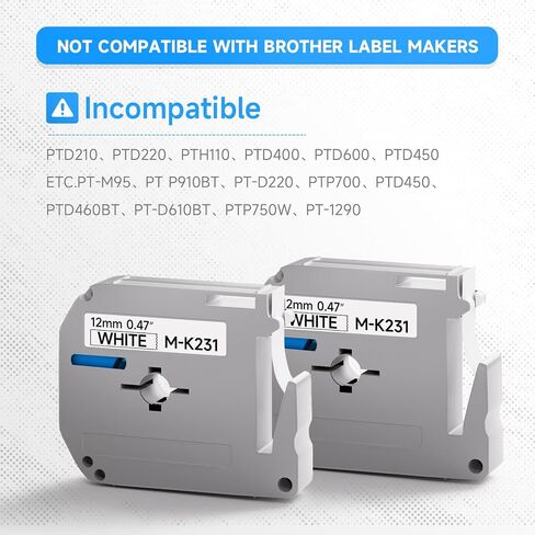 متوافق مع شريط Maker Label Maker Maker M-K231 MK231 M231 M ، 12 مم 0.47 "، ل PT-M95 PT-85 PT-90 PT-70BM PT-65 PRINTER in Kuwait