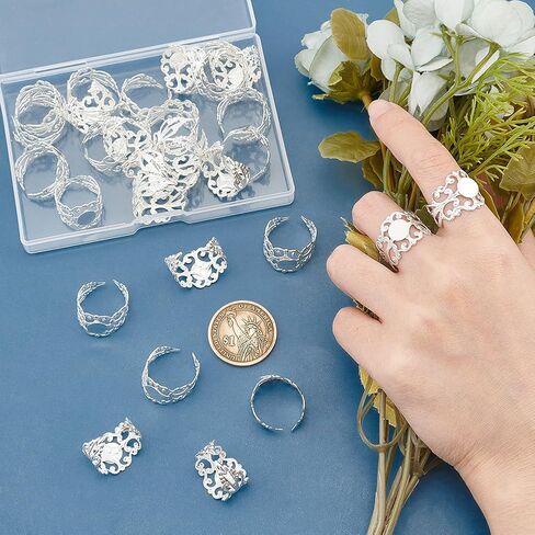 UNICRAFTALE 30Pcs DIY Blanks Ring Adjustable Filigree Open Cuff Ring Silver Metal Open Cuff Ring Flat Pad Ring Tray Bezel 17mm Inner Diameter Metal DIY Blanks Ring Sets for Jewelry Making in Saudi Arabia