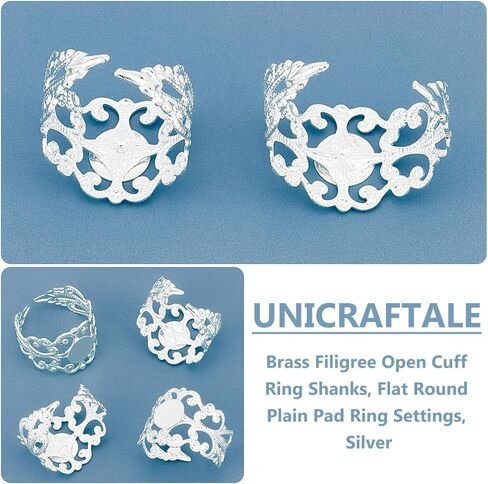 UNICRAFTALE 30Pcs DIY Blanks Ring Adjustable Filigree Open Cuff Ring Silver Metal Open Cuff Ring Flat Pad Ring Tray Bezel 17mm Inner Diameter Metal DIY Blanks Ring Sets for Jewelry Making in Saudi Arabia