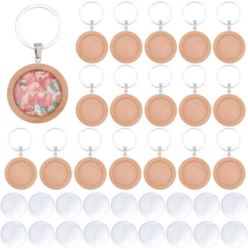 Dicosmetic 20 مجموعات Cabochon Keychain Blanks Wood Keychain Responant Tray 25mm Tan Wood Diy Make Key مع كابوشونات زجاجية للصور المخصصة لسلسلة المفاتيح in Saudi Arabia
