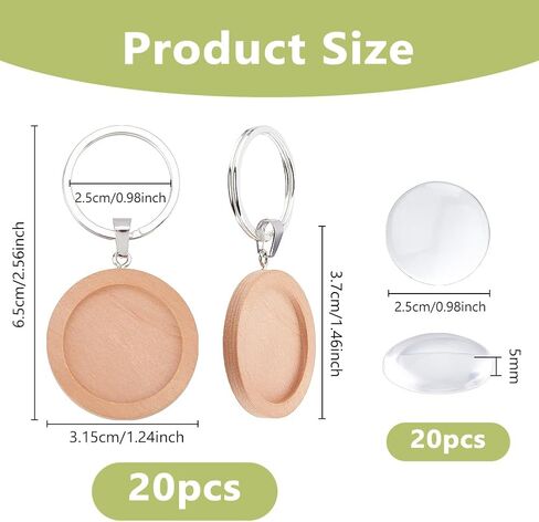 Dicosmetic 20 مجموعات Cabochon Keychain Blanks Wood Keychain Responant Tray 25mm Tan Wood Diy Make Key مع كابوشونات زجاجية للصور المخصصة لسلسلة المفاتيح in Saudi Arabia