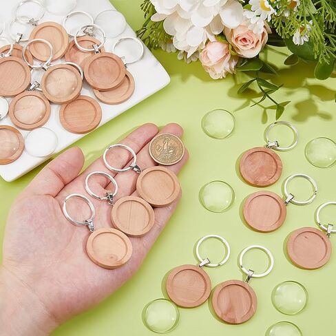 Dicosmetic 20 مجموعات Cabochon Keychain Blanks Wood Keychain Responant Tray 25mm Tan Wood Diy Make Key مع كابوشونات زجاجية للصور المخصصة لسلسلة المفاتيح in Saudi Arabia