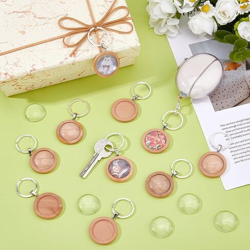 Dicosmetic 20 مجموعات Cabochon Keychain Blanks Wood Keychain Responant Tray 25mm Tan Wood Diy Make Key مع كابوشونات زجاجية للصور المخصصة لسلسلة المفاتيح in Saudi Arabia