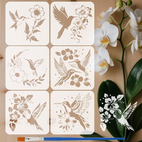 FINGERINSPIRE 6PCS Hummingbird Flowers Painting Stencil with Paint Brush 7.9x7.9 Inch Reusable Flowers Birds Drawing Template Decorative Flying Hummingbirds Stencil for Painting on Furniture Decor in Saudi Arabia