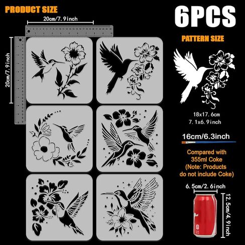 FINGERINSPIRE 6PCS Hummingbird Flowers Painting Stencil with Paint Brush 7.9x7.9 Inch Reusable Flowers Birds Drawing Template Decorative Flying Hummingbirds Stencil for Painting on Furniture Decor in Saudi Arabia