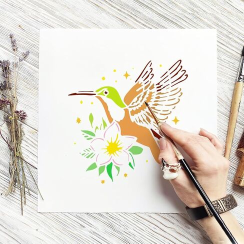 FINGERINSPIRE 6PCS Hummingbird Flowers Painting Stencil with Paint Brush 7.9x7.9 Inch Reusable Flowers Birds Drawing Template Decorative Flying Hummingbirds Stencil for Painting on Furniture Decor in Saudi Arabia