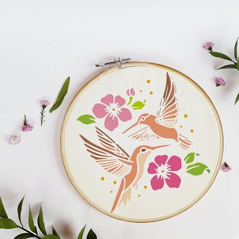 FINGERINSPIRE 6PCS Hummingbird Flowers Painting Stencil with Paint Brush 7.9x7.9 Inch Reusable Flowers Birds Drawing Template Decorative Flying Hummingbirds Stencil for Painting on Furniture Decor in Saudi Arabia