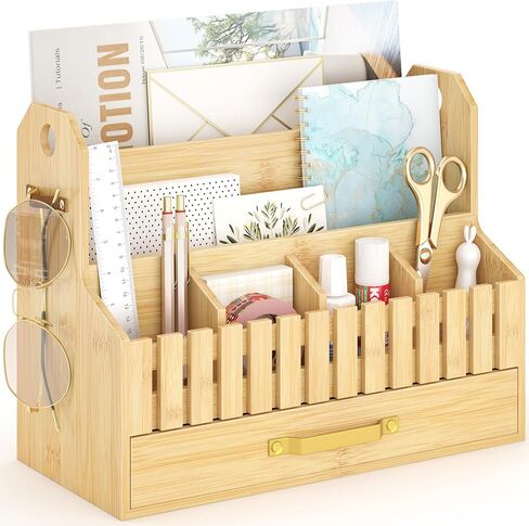 Bamboo Mail Organizer Countertop with Drawers, Wood Desk File Organizer Desktop Paper Organization Storage Bill & Letter Sorter Holder for School Home Office Supplies, No Assembly Required (White) in Kuwait