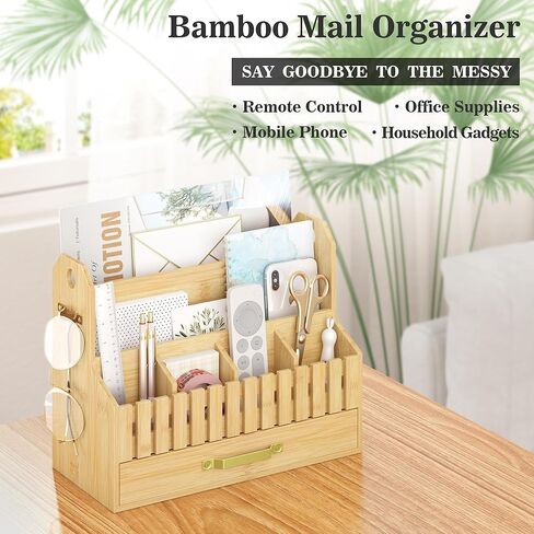 Bamboo Mail Organizer Countertop with Drawers, Wood Desk File Organizer Desktop Paper Organization Storage Bill & Letter Sorter Holder for School Home Office Supplies, No Assembly Required (White) in Kuwait