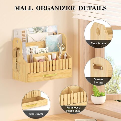 Bamboo Mail Organizer Countertop with Drawers, Wood Desk File Organizer Desktop Paper Organization Storage Bill & Letter Sorter Holder for School Home Office Supplies, No Assembly Required (White) in Kuwait