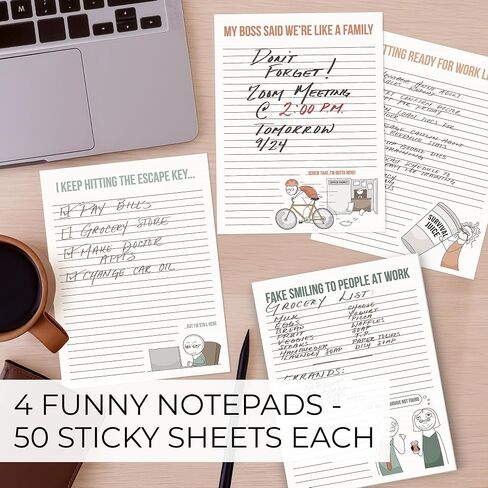 ZICOTO Super Funny Notepads - Hilarious Office Gift for Your Women Coworkers - Set of 4 Office Supplies Memo Pads w/ 4 Assorted Designs, 50 Sheets Each, 4.25" x 5.5" in Kuwait