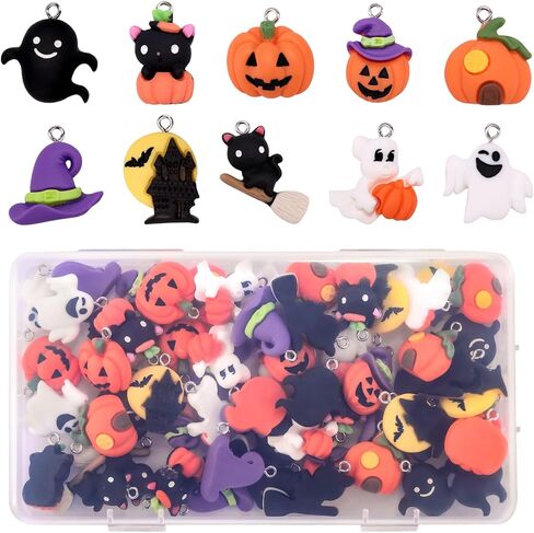 60pcs Halloween Resin Charms for Crafts, Multi Shape Flatback Slime Halloween Resin Miniatures Ornaments for DIY Jewelry Making Scrapbooking Wreath Decorations in Saudi Arabia