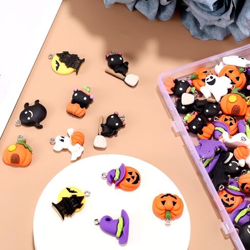 60pcs Halloween Resin Charms for Crafts, Multi Shape Flatback Slime Halloween Resin Miniatures Ornaments for DIY Jewelry Making Scrapbooking Wreath Decorations in Saudi Arabia