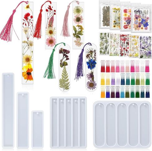 Fuyoooo Dried Flower Bookmarks Includes 5 Pcs Silicone Resin Bookmark Mold, 150 Pcs Colorful Tassels, 4 Pack Dried Flowers, 5 Set Flower Stickers DIY Bookmarks Kit for Book Lovers Woman Birthday Gifts in Saudi Arabia