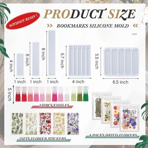 Fuyoooo Dried Flower Bookmarks Includes 5 Pcs Silicone Resin Bookmark Mold, 150 Pcs Colorful Tassels, 4 Pack Dried Flowers, 5 Set Flower Stickers DIY Bookmarks Kit for Book Lovers Woman Birthday Gifts in Saudi Arabia