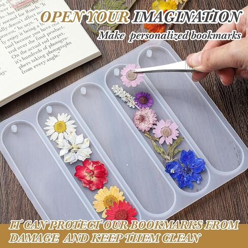 Fuyoooo Dried Flower Bookmarks Includes 5 Pcs Silicone Resin Bookmark Mold, 150 Pcs Colorful Tassels, 4 Pack Dried Flowers, 5 Set Flower Stickers DIY Bookmarks Kit for Book Lovers Woman Birthday Gifts in Saudi Arabia