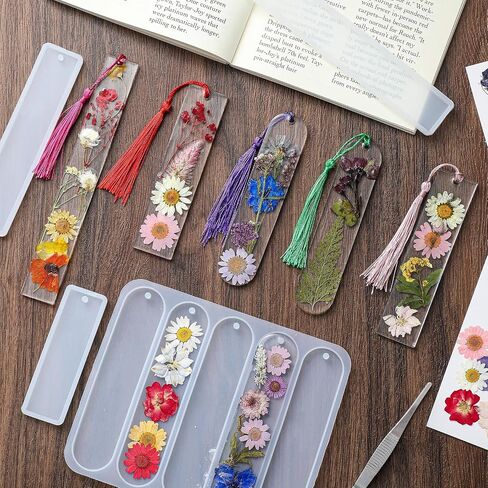 Fuyoooo Dried Flower Bookmarks Includes 5 Pcs Silicone Resin Bookmark Mold, 150 Pcs Colorful Tassels, 4 Pack Dried Flowers, 5 Set Flower Stickers DIY Bookmarks Kit for Book Lovers Woman Birthday Gifts in Saudi Arabia
