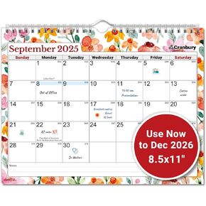 Cranbury Wall Calendar 2025-2026 8.5x11", Use Now to Dec 2026, Beautiful Floral Designs, Thick Paper, Large Daily Squares, Sturdy Spiral Binding, Use on Wall Lay or Flat as Monthly Desk Calendar in Kuwait