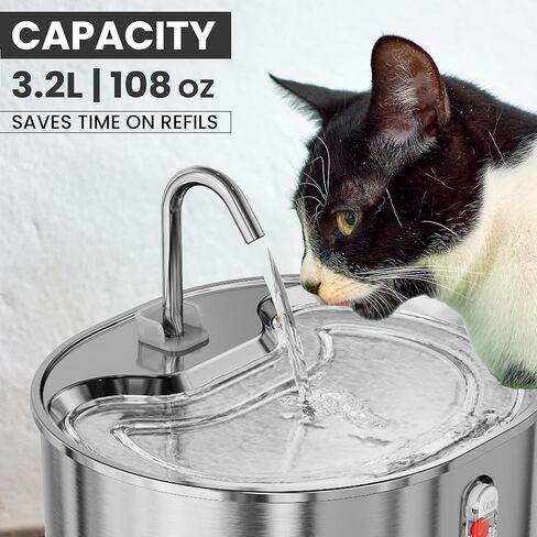 Stainless Steel Cat Water Fountain: 108oz/3.2L Water Fountains for Cats Indoor, Cat Water Fountain, Ultra Quiet, Water Level Window, Pet Water Fountain Bundle with 4 Extra Filters and Motion Sensor in Saudi Arabia