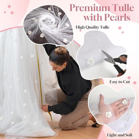 Pearl Tulle 10FT Extra-Wide Tulle with Pearls, 60 x 120 Inches Soft Sheer Fabric in Multiple Colors for Wedding Arch, Party, Baby Shower, Birthday, Veil, Dress and Home Decor (Black) in Kuwait