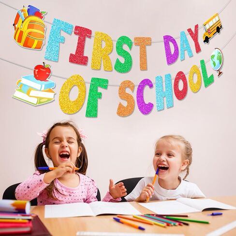 Howaf اليوم الأول من Banner School Glitter ، العودة إلى راية الحفلة المدرسية للترحيب مرة أخرى في الديكور المدرسي ، اليوم الأول من علم اللوازم المدرسية ، اليوم الأول من المدارس جارلاند لمدرسة الفصل الدراسي in Saudi Arabia