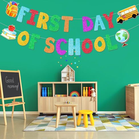 Howaf اليوم الأول من Banner School Glitter ، العودة إلى راية الحفلة المدرسية للترحيب مرة أخرى في الديكور المدرسي ، اليوم الأول من علم اللوازم المدرسية ، اليوم الأول من المدارس جارلاند لمدرسة الفصل الدراسي in Saudi Arabia