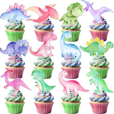 36 PCS Dinosaur Cupcake Toppers - Girl Dinosaur Party Decorations Pink Dinosaur Decorations Dino Dino Cupcake Toppers in Saudi Arabia