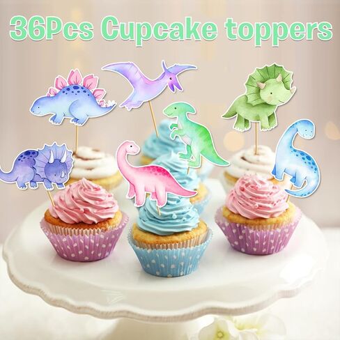 36 PCS Dinosaur Cupcake Toppers - Girl Dinosaur Party Decorations Pink Dinosaur Decorations Dino Dino Cupcake Toppers in Saudi Arabia