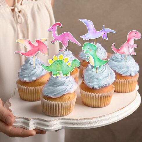 36 PCS Dinosaur Cupcake Toppers - Girl Dinosaur Party Decorations Pink Dinosaur Decorations Dino Dino Cupcake Toppers in Saudi Arabia