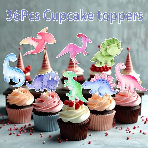 36 PCS Dinosaur Cupcake Toppers - Girl Dinosaur Party Decorations Pink Dinosaur Decorations Dino Dino Cupcake Toppers in Saudi Arabia