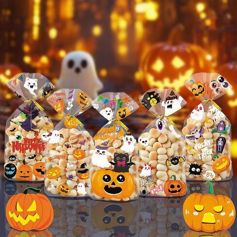 Dulinlin 50pcs هالوين أكياس علاج ، أكياس حلوى هالوين سعيدة ، أكياس هالويينات من الهالوينز ، أكياس هدايا خدعة أو معالجة اليقطين مع روابط تويست لزخارف الحفلات. in Saudi Arabia