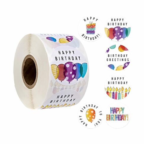500pcs Happy Birthday Stickers, 1.5 Inch Round Waterproof Labels - Colorful Cartoon Party Decor for Kids Adults, Gift Box, Cake, Cards (6 Designs) (White) in Saudi Arabia