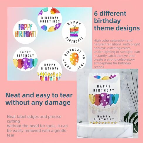 500pcs Happy Birthday Stickers, 1.5 Inch Round Waterproof Labels - Colorful Cartoon Party Decor for Kids Adults, Gift Box, Cake, Cards (6 Designs) (White) in Saudi Arabia