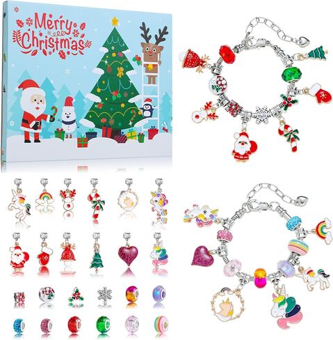 Christmas Advent Calendar Bracelets 2025, 24 Days Xmas Theme Countdown Calendar with 2pcs DIY Charm Bracelets & necklaces Kits, Christmas Surprise for Girls Kids Teens Adult Women(Red-Christmas) in Saudi Arabia