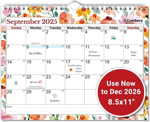 Cranbury Wall Calendar 2025-2026 8.5x11", Use Now to Dec 2026, Beautiful Floral Designs, Thick Paper, Large Daily Squares, Sturdy Spiral Binding, Use on Wall Lay or Flat as Monthly Desk Calendar in Kuwait